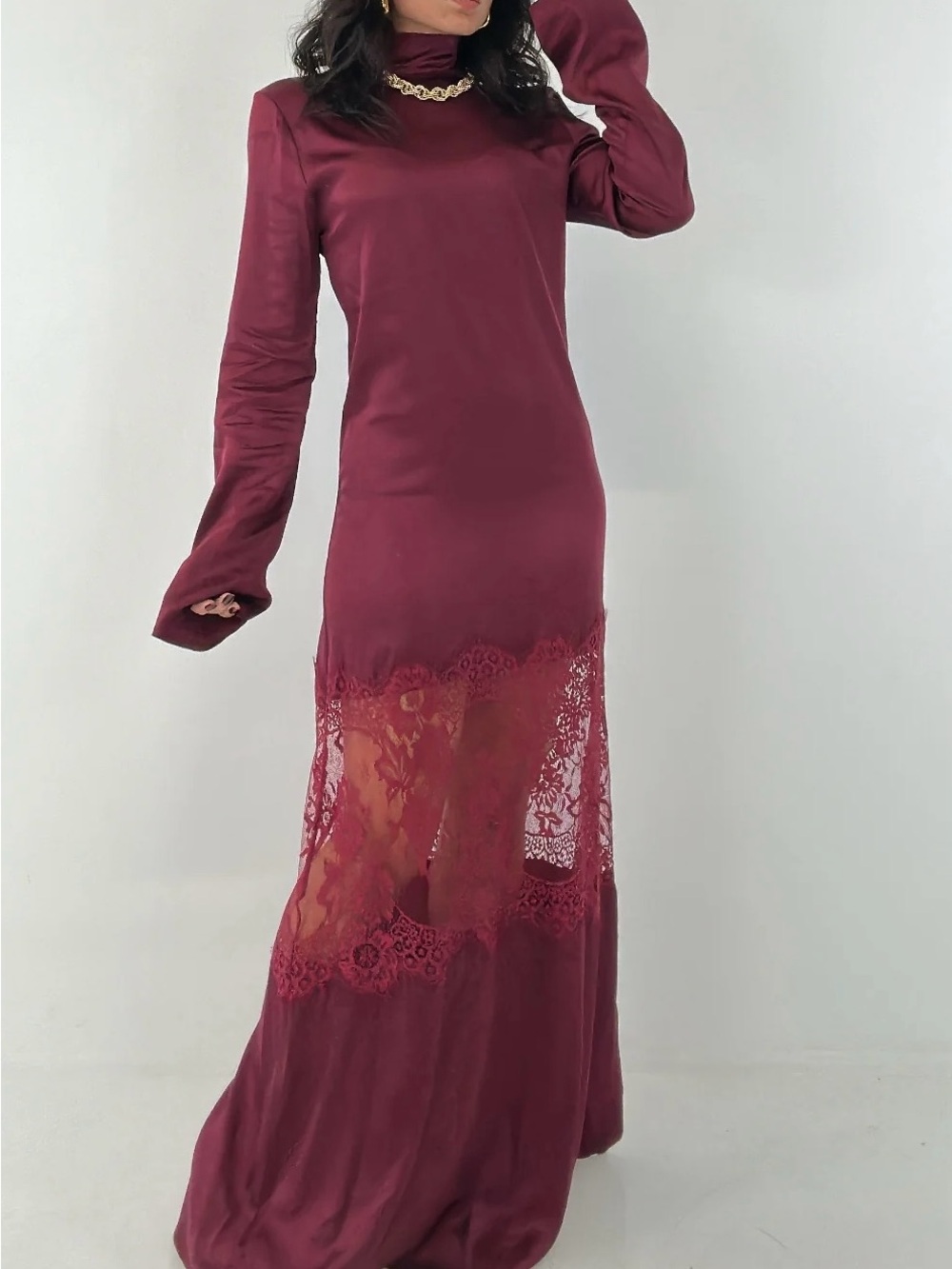 NWT Bordeaux Satin Maxi Dress with Lace